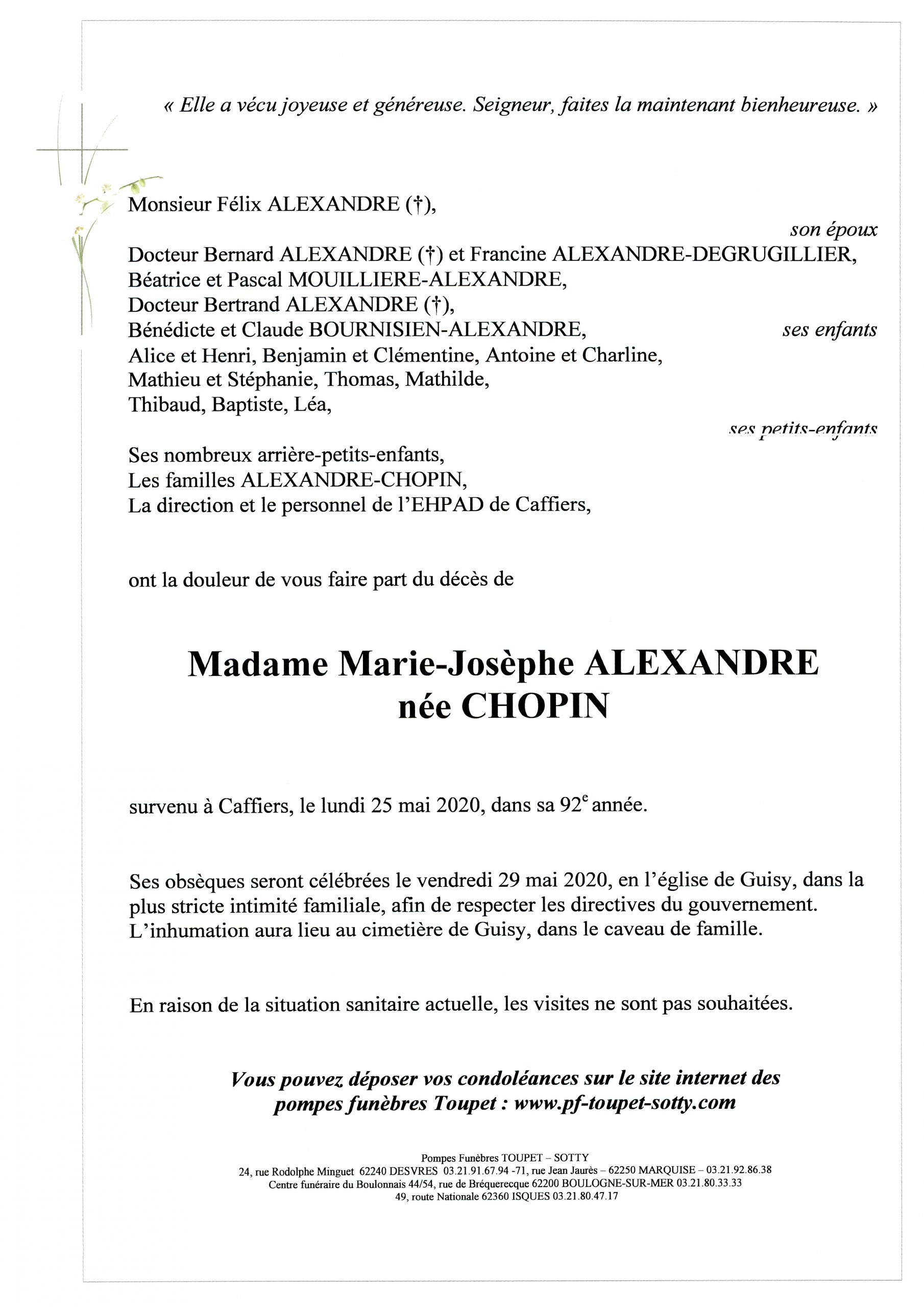 Madame Marie Josèphe ALEXANDRE Pompes Funèbres Toupet Sotty