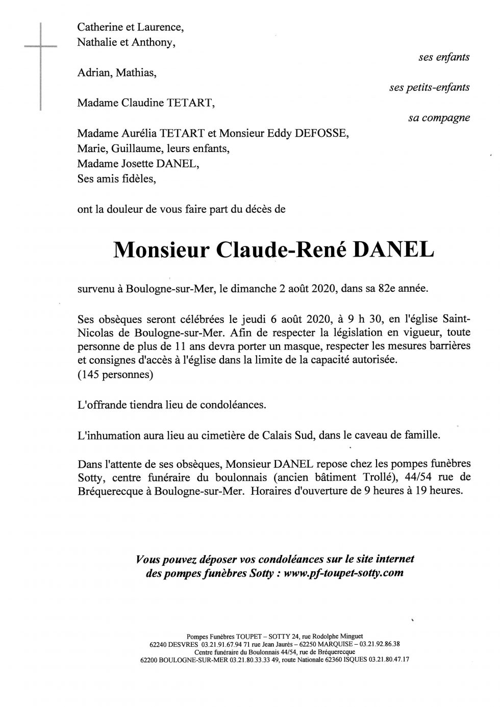 Monsieur Claude René DANEL Pompes Funèbres Toupet Sotty