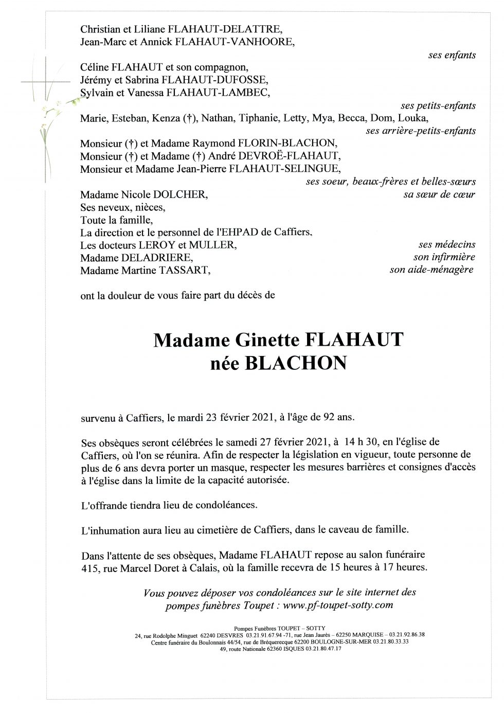 Madame Ginette FLAHAUT Pompes Funèbres Toupet Sotty