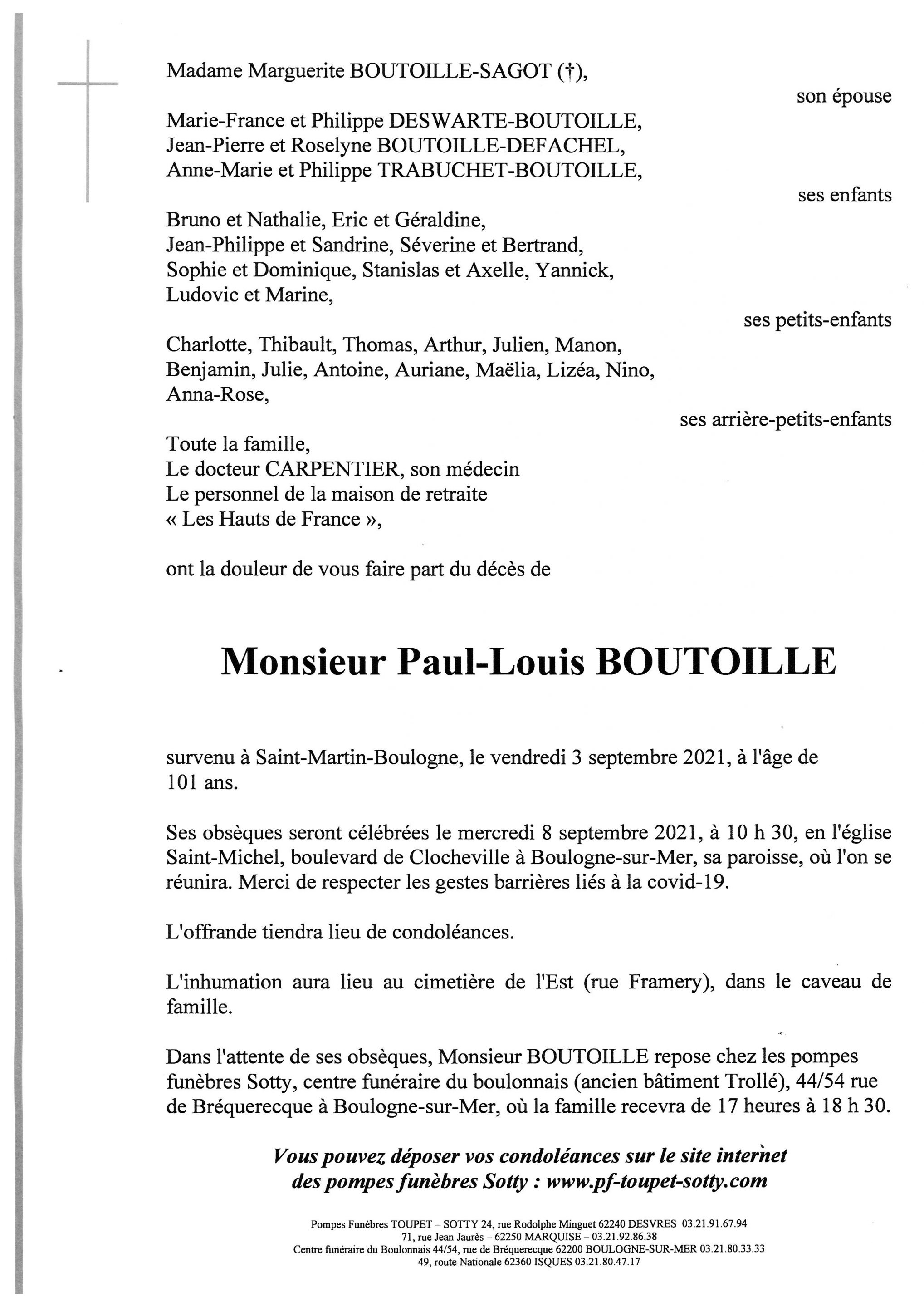 Monsieur Paul Louis BOUTOILLE Pompes Funèbres Toupet Sotty