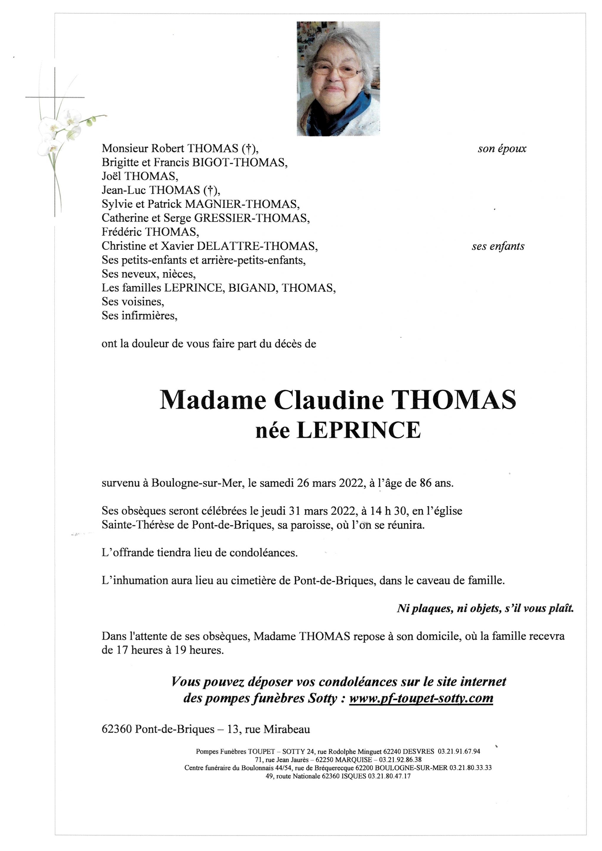 Madame Claudine THOMAS Pompes Funèbres Toupet Sotty