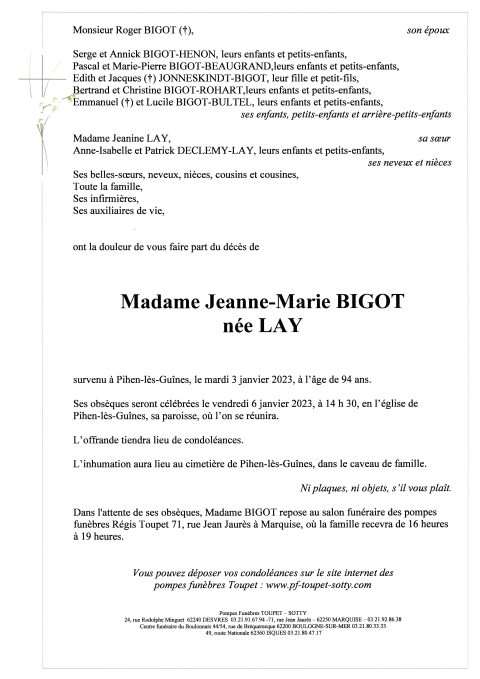 Madame Jeanne Marie BIGOT Pompes Funèbres Toupet Sotty