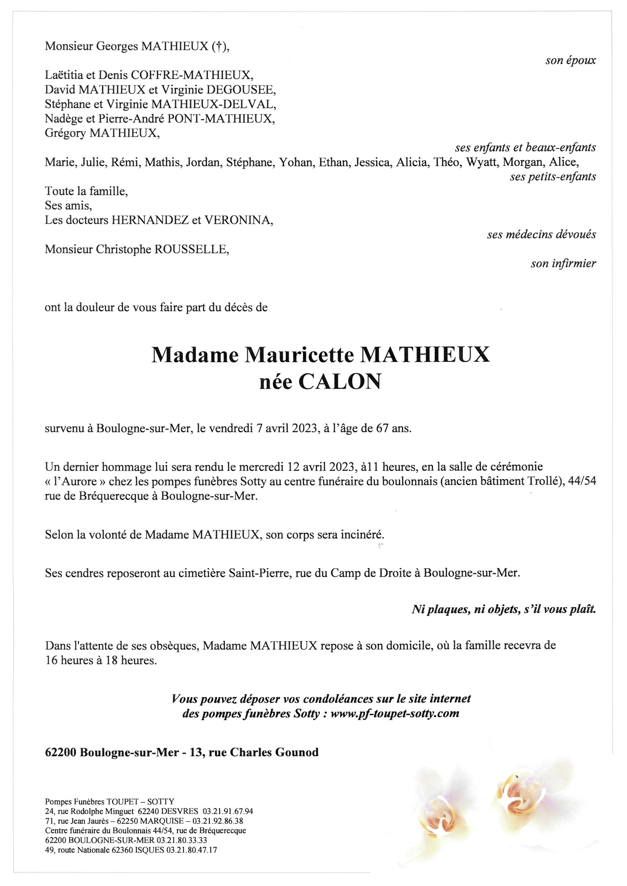 Madame Mauricette MATHIEUX Pompes Funèbres Toupet Sotty