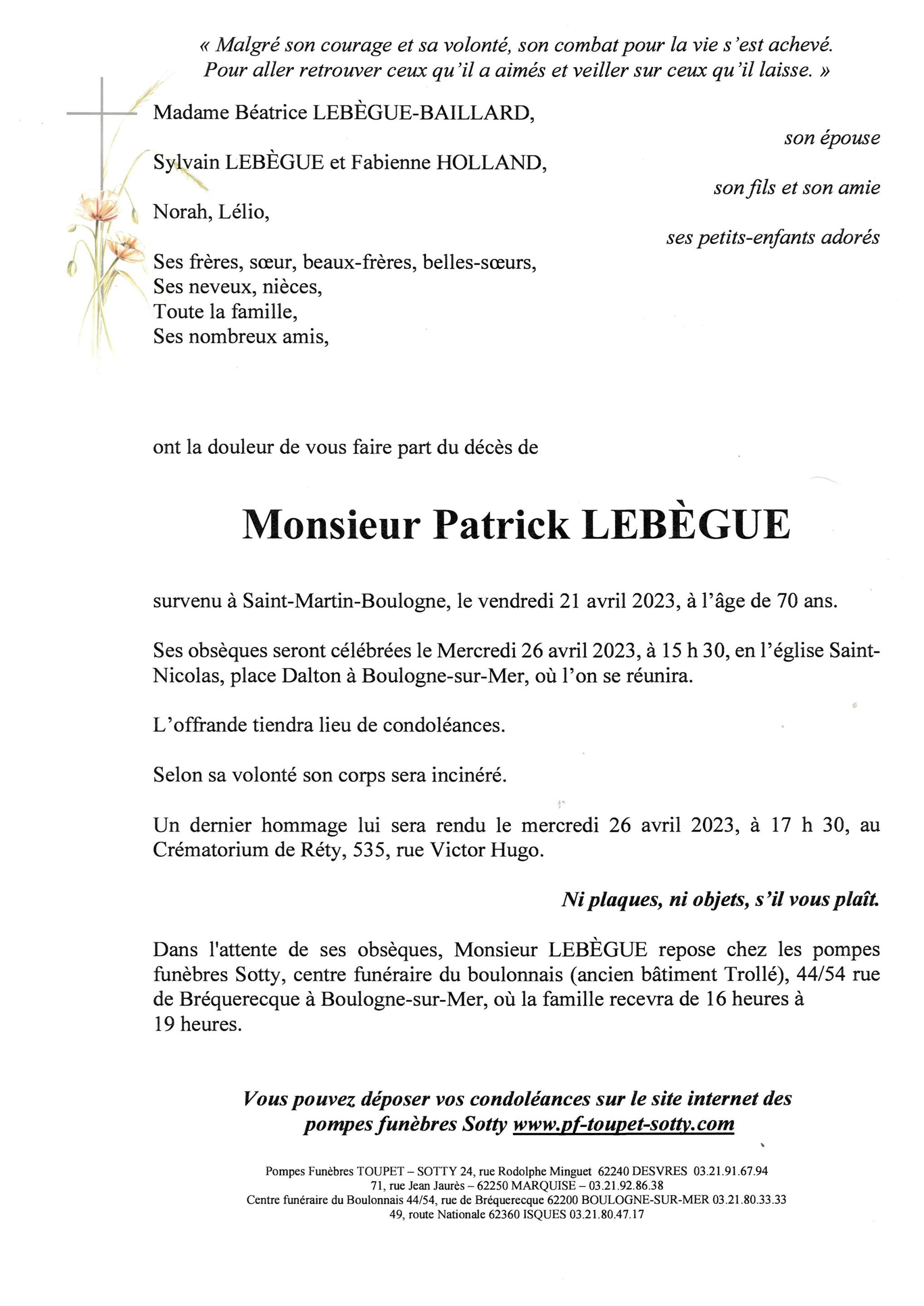 Monsieur Patrick LEBÈGUE Pompes Funèbres Toupet Sotty