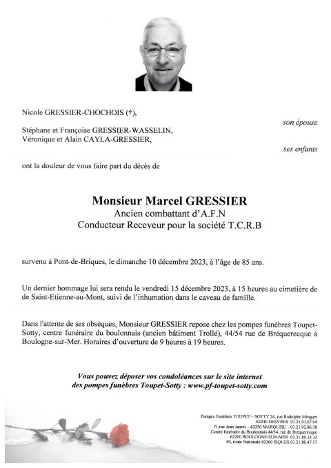 Monsieur Marcel GRESSIER Pompes Funèbres Toupet Sotty