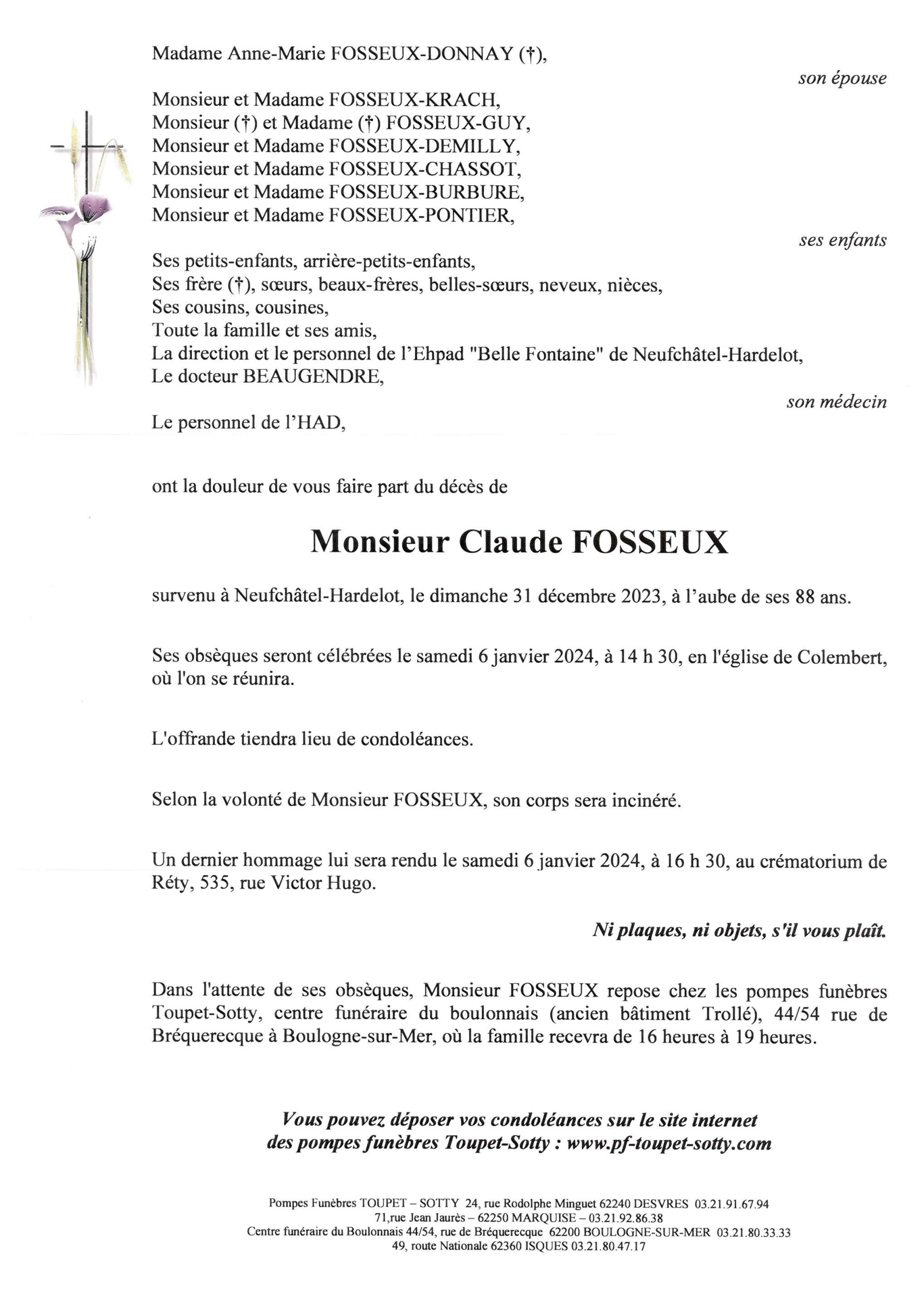 Monsieur Claude FOSSEUX Pompes Funèbres Toupet Sotty