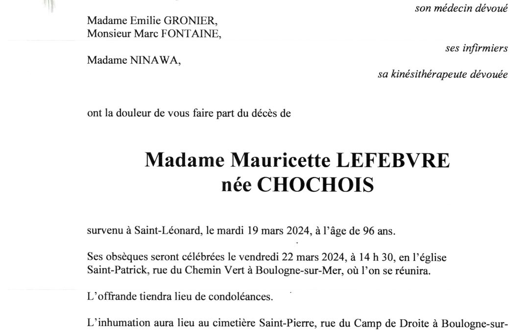 Madame Mauricette LEFEBVRE Pompes Funèbres Toupet Sotty