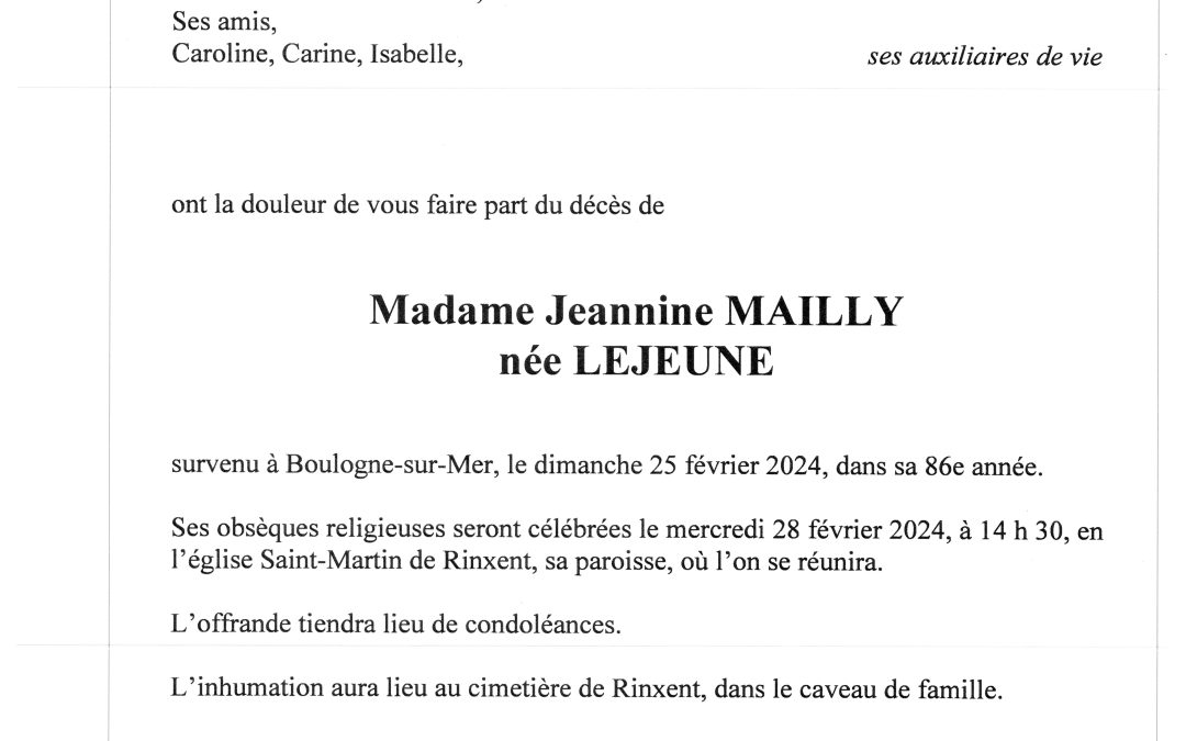 Madame Jeannine MAILLY Pompes Fun bres Toupet Sotty